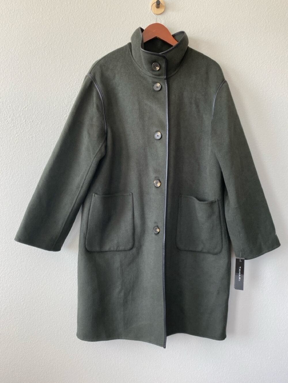 Tahari Womens Wool Blend Stand Collar Coat Olive Green L NWT Minimalist Winter